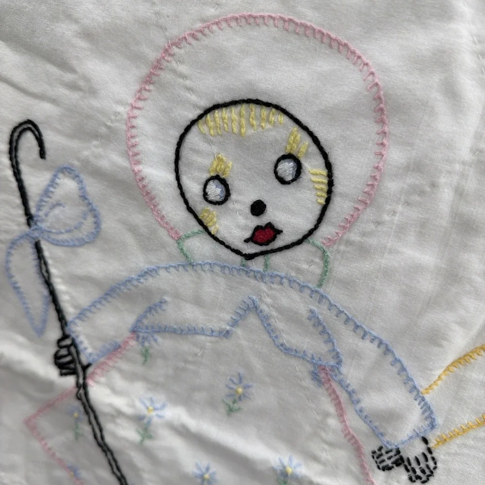 VTG Hand-Stitched Child Blanket Blue Boy Girl Sheep Floral 38x48